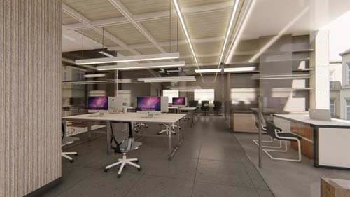 Large Collaborative Workspace with Wooden Ceiling Panels
