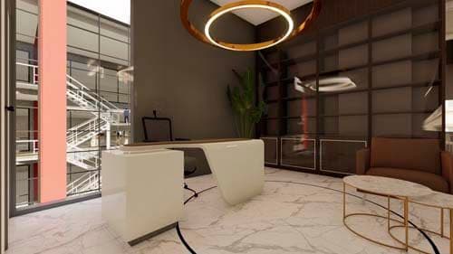 IFDC Reception with Geometric Wall and Illuminated Branding
